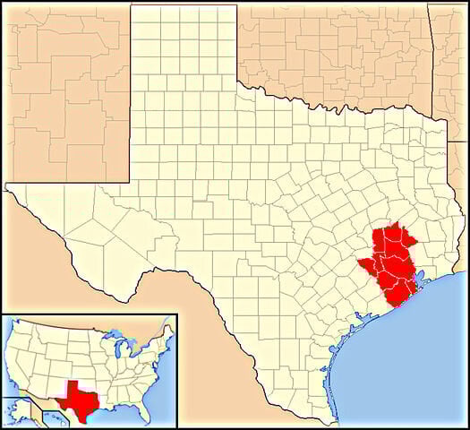 Map of Texas showing county boundaries, with a cluster of counties in the southeast (including the Houston–Galveston region) filled in red. An inset map of the continental U.S. in the lower left highlights Texas in red to show the state’s location.