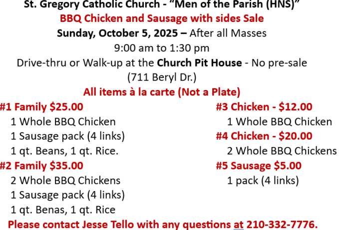 Men of the Parish (HNS) BBQ Chicken and Sausage Sale