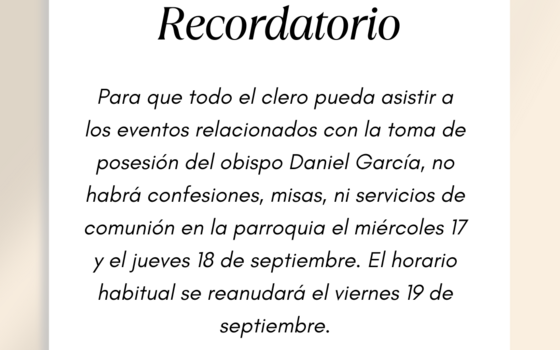 No Mass, Confession, or Communion Service on 9/17 and 9/18