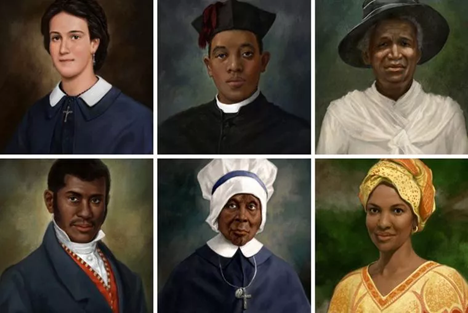 From top left: Venerable Henriette Delille, Venerable Father Augustus Tolton, Servant of God Julia Greeley From second row left: Venerable Pierre Toussaint, Venerable Mother Mary Lange, Servant of God Sister Thea Bowman
